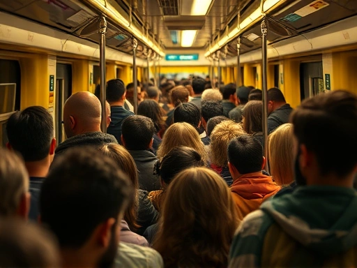 만원 지하철 내부의 클로즈업.