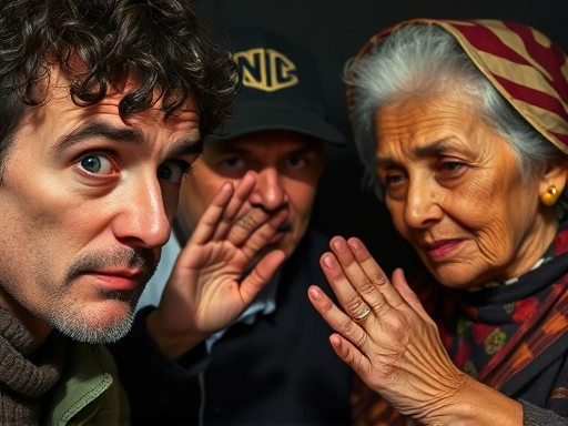 난처한 표정의 여행자와 손을 젓는 웨이터, 그리고 그들을 지켜보는 현지 할머니의 손짓이 클로즈업된 모습