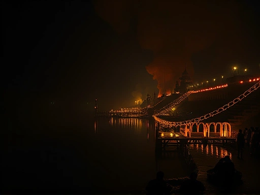 어둠이 깔린 갠지스 강변, 희미한 등불 아래 마니카르니카 가트에서 피어오르는 짙은 연기와 불꽃이 강물에 비치는 모습