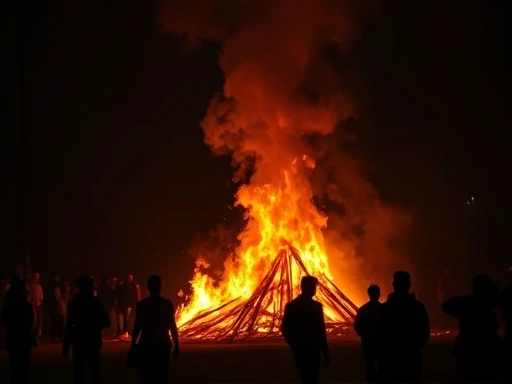활활 타오르는 장작더미와 그 주위를 맴도는 사람들의 실루엣을 클로즈업한 장면
