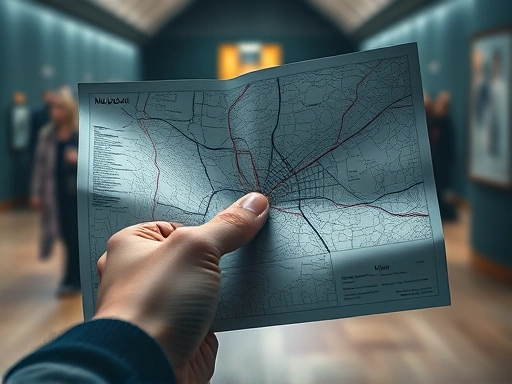 한 손에 들린 박물관 지도가 클로즈업된 장면