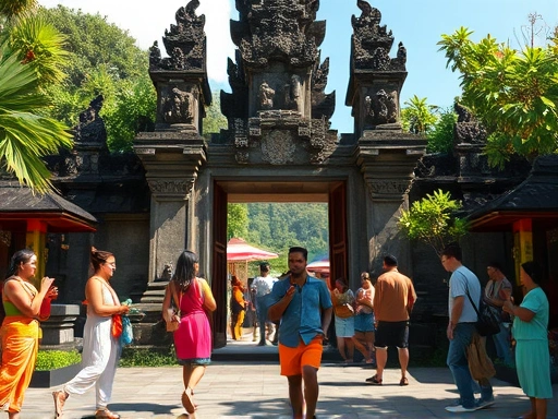 발리 사원 입구, 이국적인 석조 건축물과 푸른 잎으로 뒤덮인 배경.