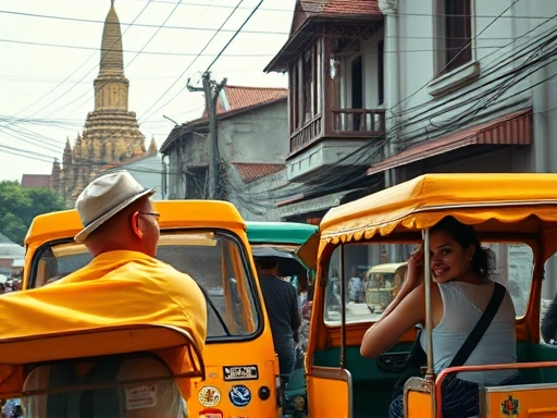 방콕의 뜨거운 오후, 왓 아룬을 막 나선 여행객 앞에 멈춰 선 밝은 노란색 툭툭.