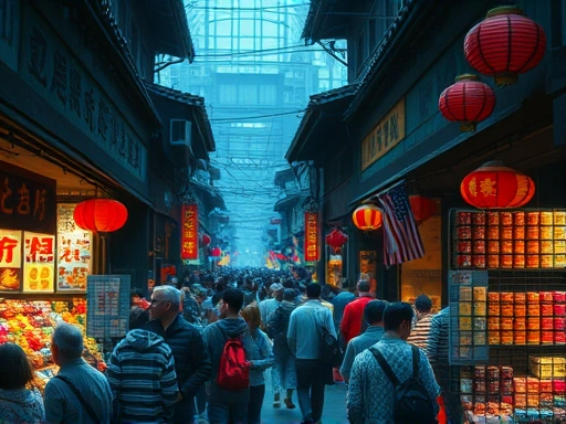 분주하고 혼잡한 베이징의 전통 시장 풍경.