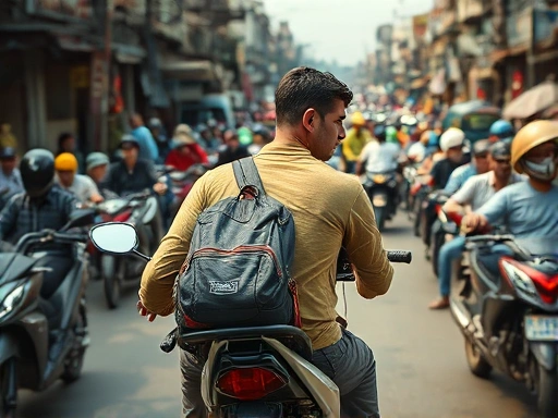 베트남 호치민의 활기찬 오후, 수많은 오토바이들이 얽히고설킨 거리 위에서 한 여행자가 오토바이 택시 뒷좌석에 막 앉으려 하는 순간을 담고 있습니다.