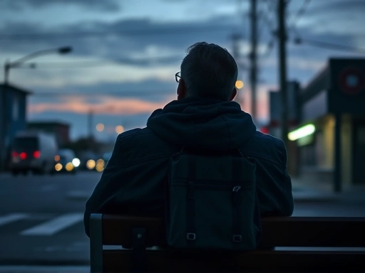 어스름한 새벽녘, 혹은 밤 11시의 알래스카 거리 벤치에 앉아 하늘을 올려다보는 한 여행자의 뒷모습