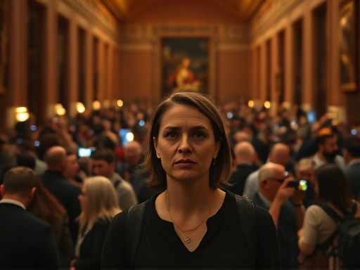 어두운 박물관 홀을 가득 메운 인파 속에서 한 여성이 답답한 표정으로 정면을 응시하고 있다.