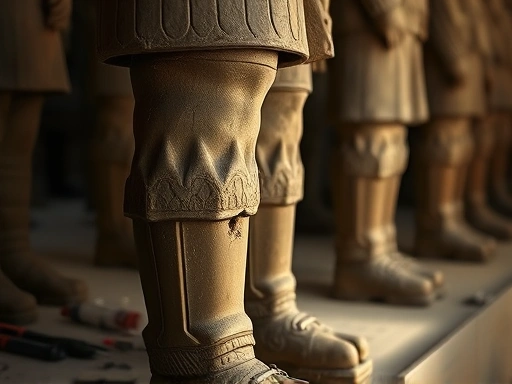 수천 명의 병마용 중 한 조각상이 클로즈업된 모습