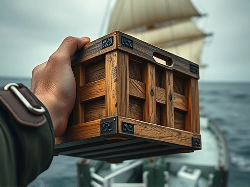 관람객이 손에 든 묵직한 모형 차 상자를 들어 올리며, 바다로 던지기 직전의 역동적인 순간을 클로즈업.