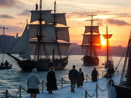 겨울 바람이 매서운 보스턴 하버, 정교하게 재현된 18세기 범선과 역사 복장을 한 배우들이 생생하게 움직이는 모습