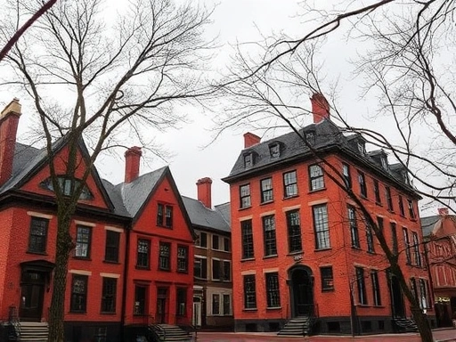 늦가을 보스턴 프리덤 트레일의 고풍스러운 붉은 벽돌 건물들이 늘어서 있고, 앙상한 나뭇가지들이 스산한 분위기