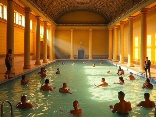 헝가리 부다페스트의 유서 깊은 온천, 노란색 타일과 기둥이 돋보이는 웅장한 실내에서 따뜻한 증기가 피어오르는 모습