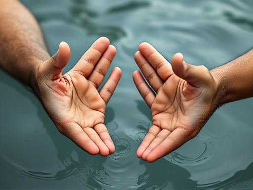 물속에서 손을 내밀어 따뜻하게 환영하는 나이 든 현지인의 주름진 손과 그를 마주 보는 여행자의 손이 클로즈업된 장면