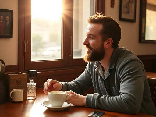 불가리아의 작은 카페에서 햇살이 스며드는 창가에 앉아 커피를 주문하는 여행자의 모습