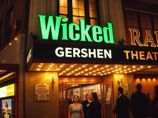 뉴욕 브로드웨이 거슈윈 극장, 초록색 위키드 간판이 빛나는 밤거리의 풍경.