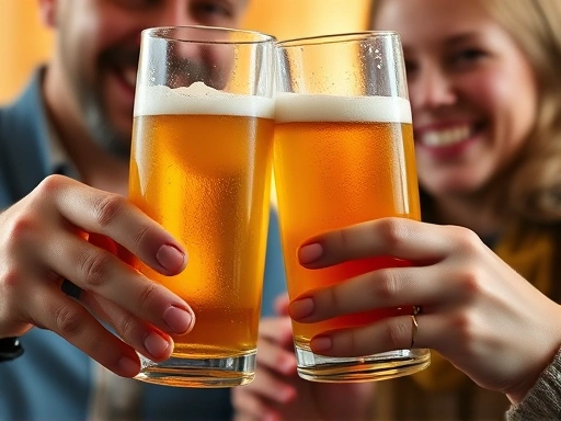 두 개의 맥주잔이 '쨍'하고 부딪히는 순간을 클로즈업한 사진.