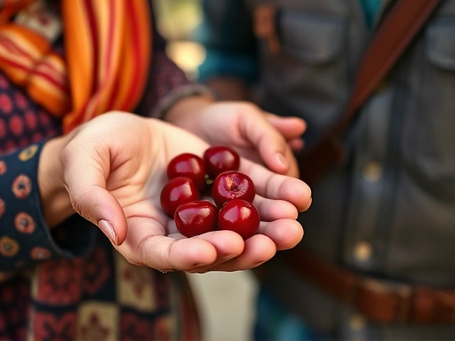 근접 촬영된 할머니와 여행자의 손.