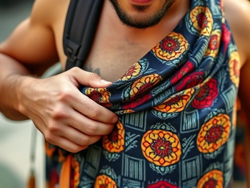 여행객이 현지 사롱을 허리에 두르고 있는 클로즈업 사진.