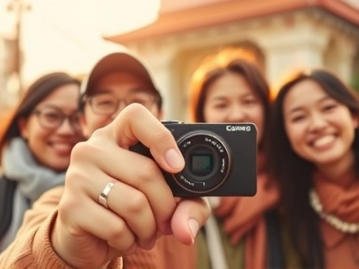 한 손으로 카메라를 들고 환하게 웃는 사람들을 향해 초점을 맞추는 여행자의 시점.