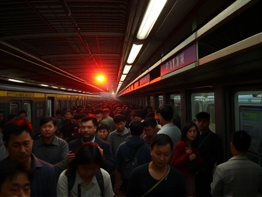 해질녘 상하이 지하철역 플랫폼, 수많은 사람들이 기차를 기다리며 밀집해 서 있는 모습