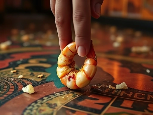 한 손이 막 먹고 남은 새우 껍질을 들고 바닥으로 조심스럽게 내리는 클로즈업 사진.