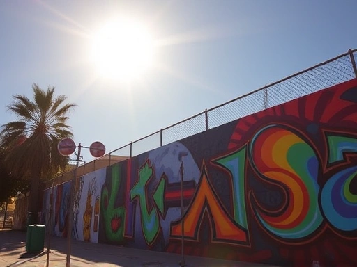 뜨거운 햇살 아래, 샌디에이고 바리오 로간의 다채로운 치카노 공원 벽화들이 강렬한 색채로 시선을 사로잡는 모습