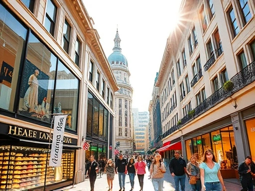 화창한 햇살 아래, 샌프란시스코 유니언 스퀘어의 활기찬 명품 쇼핑 거리.