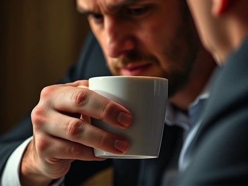 정치적 대화에서 느껴지는 내적 갈등을 상징적으로 보여주는 클로즈업 샷.