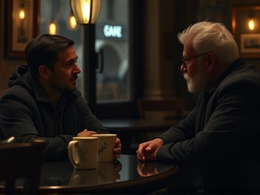 어두운 조명의 낡은 유럽 카페에서 커피잔을 든 채 앉아있는 여행자와 그를 향해 몸을 기울여 대화하는 중년 현지 남성의 모습