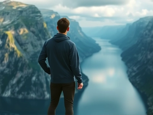 거대한 피오르드 절벽 끝에 서 있는 한 사람의 뒷모습