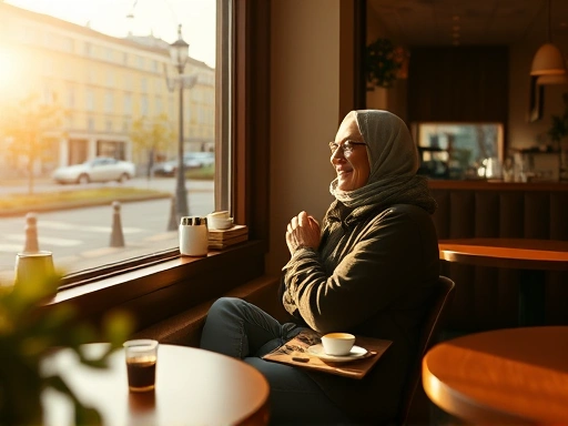 스톡홀름의 한 카페에서 여행자가 창가에 앉아 고요히 피카를 즐기는 모습