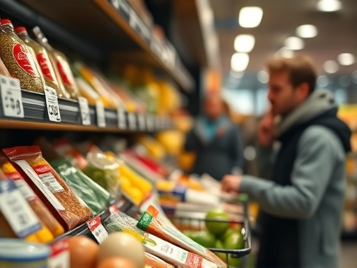 스위스 마트 진열대에 놓인 평범한 식료품들, 그 위에 가격표가 클로즈업되어 있고, 한 여행자가 가격을 보고 고뇌하는 모습