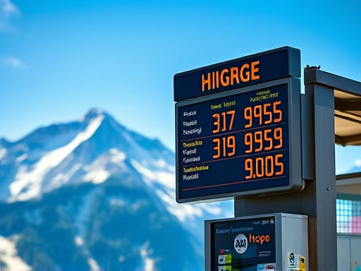 알프스 산맥을 배경으로 산악열차 매표소 전광판에 비친 높은 요금표가 강조된 장면