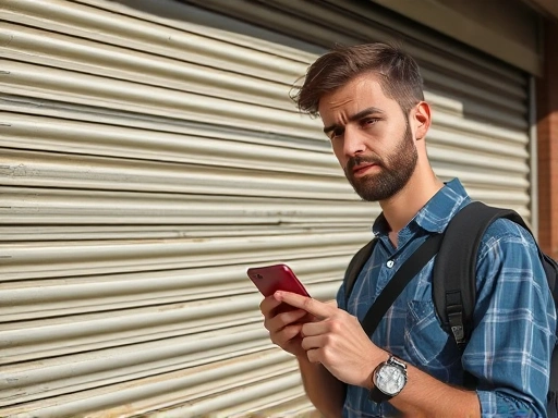 여행자가 닫힌 상점 셔터 앞에서 망연자실한 표정으로 서 있는 모습