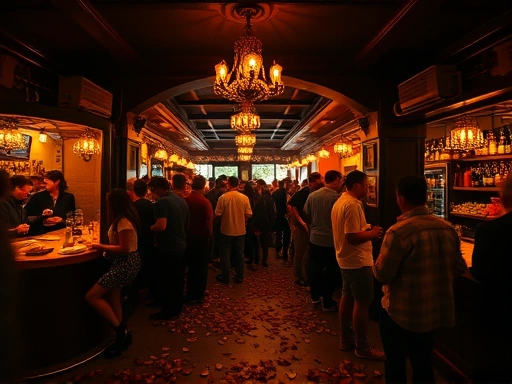 어둠이 짙게 깔린 스페인 그라나다의 북적이는 타파스 바 내부를 넓게 담은 사진.