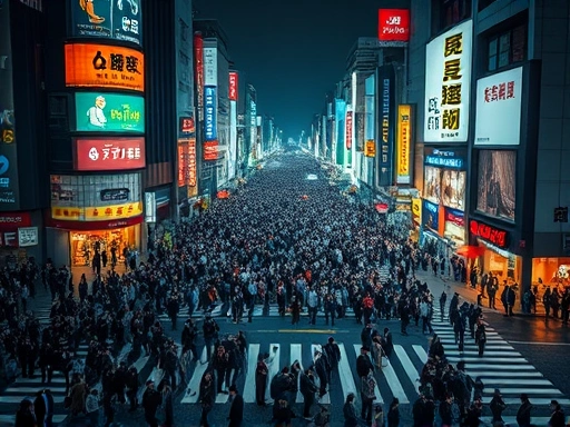 저녁 무렵, 네온사인 불빛 아래 수많은 인파가 물결처럼 교차로를 가로지르는 시부야 스크램블 교차로의 광활한 풍경.