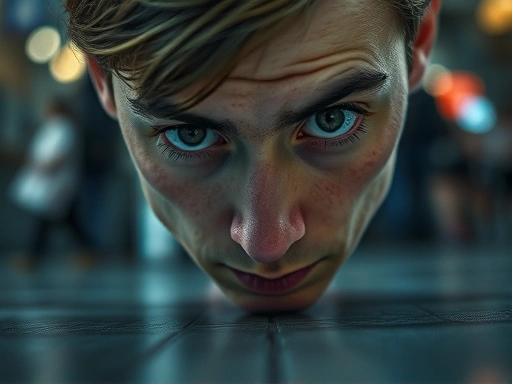 정지된 순간, 한 사람의 시선이 바닥에 고정되어 있는 클로즈업 이미지