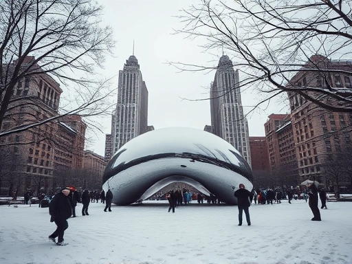 눈 덮인 시카고 밀레니엄 파크의 클라우드 게이트가 보이는 풍경.