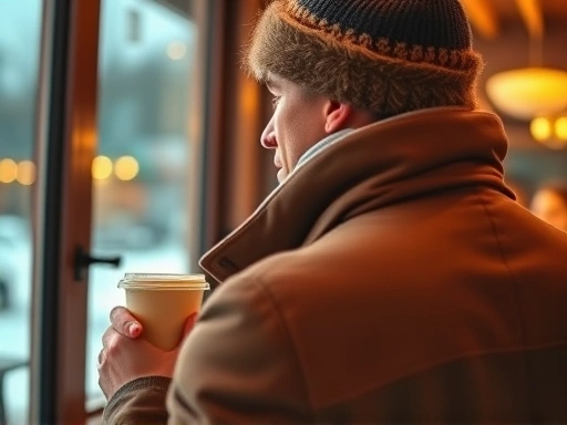 따뜻한 불빛이 새어 나오는 카페 창문 밖으로, 추위에 대비해 두꺼운 외투와 모자를 착용한 여행자의 뒷모습