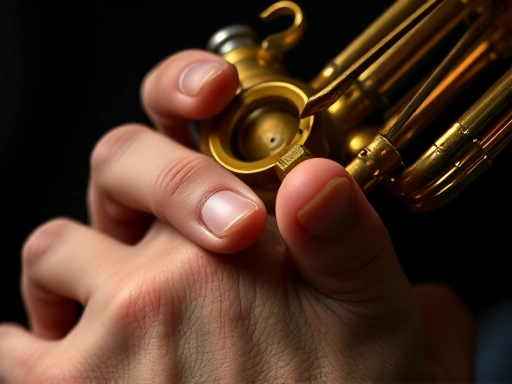 클로즈업된 연주자의 손가락이 낡은 트럼펫의 밸브를 누르고 있다.