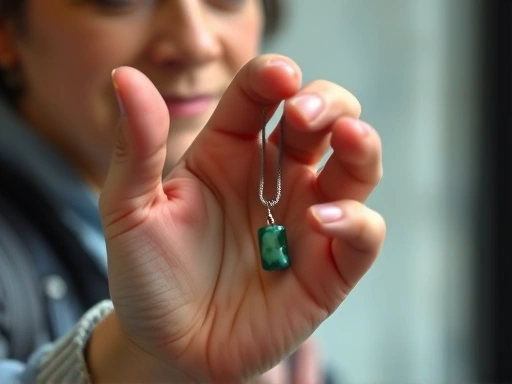 한 손에 작은 옥 목걸이를 쥐고 있는 여행자의 클로즈업 된 손.