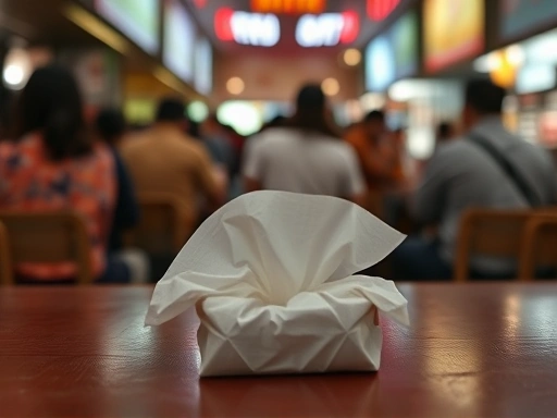 혼잡한 호커센터 테이블 위에 홀로 놓인 티슈 뭉치의 클로즈업 사진.