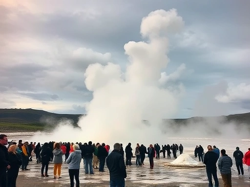 차가운 바람이 부는 아이슬란드 간헐천 지대, 뿌연 유황 연기와 함께 수많은 사람들이 한 곳을 응시하며 기다리는 모습