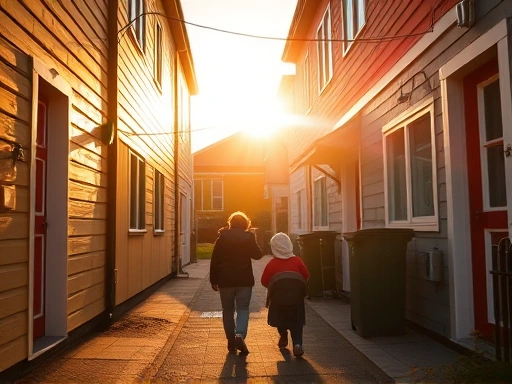 백야 속 아쿠레이리 주택가 도로의 한 장면