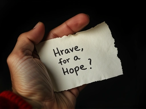 지쳐 보이는 여행자의 손에 들린 찢어진 종이와 펜으로 그려진 서툰 그림.