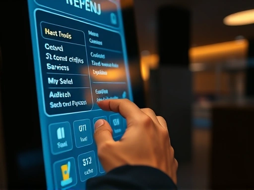 무인 카페에서 손님이 터치스크린 키오스크를 통해 메뉴를 주문하고 있는 클로즈업 장면