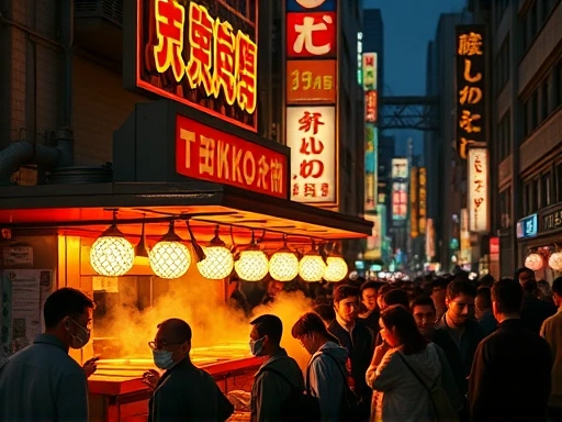 저녁 무렵, 일본 오사카 도톤보리 길거리의 활기 넘치는 타코야키 가게 풍경.