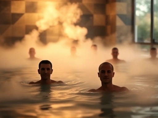 따뜻한 수증기가 피어오르는 온천탕 내부, 흐릿하게 보이는 사람들 실루엣이 평온하고 고요한 분위기