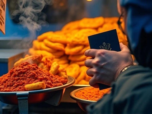 여행자의 시점에서 노점상에 쌓인 황금빛 튀김과 빨간 소스들이 클로즈업된 장면