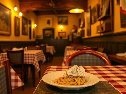 피렌체의 아늑한 트라토리아 내부를 따뜻한 노란 조명 아래 담은 사진.